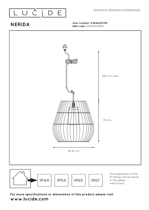 Lucide NERIDA - Pendelleuchten Innen/Außen - Ø 35 cm - 1xE27 - IP44 - Schwarz - technisch